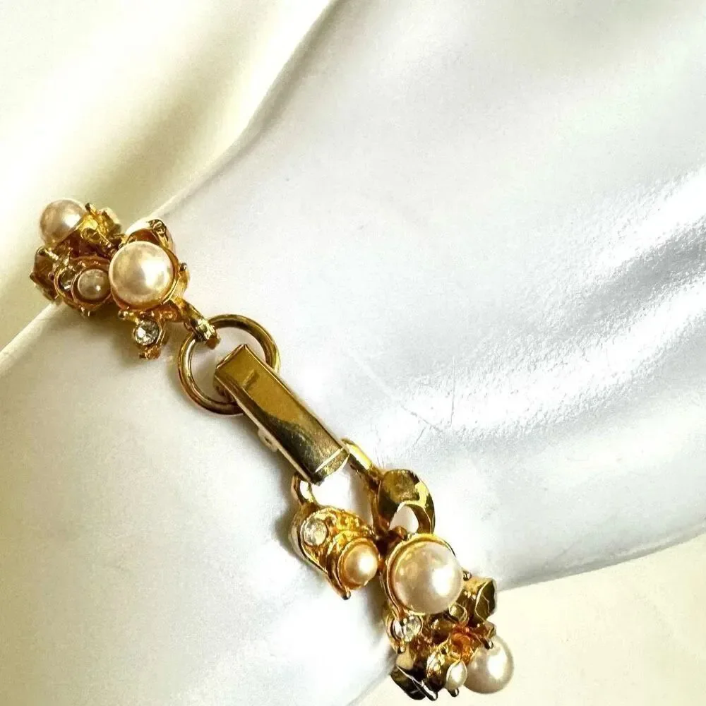 Gold tone faux pearl rhinestone bracelet